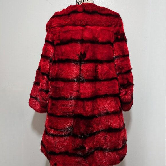 New Real Black Cross MINK Fur Overcoat Jacket Stroller Red Scarlet Panel Striped - Picture 4 of 7